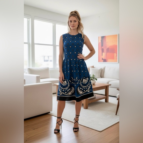 RED Valentino Embroidered Blue and Black Midi Dress - Picture 12 of 14